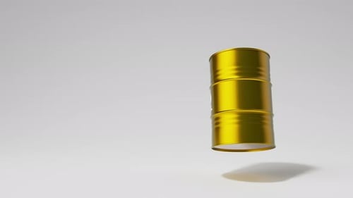 Single Golden Metal Oil Barrel Rotating on White Background Front View Oil Industry Concept 3d