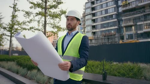 Caucasian Smiling Adult Man in City with Blueprint Paper Document Plan Work Outdoors Male Architect