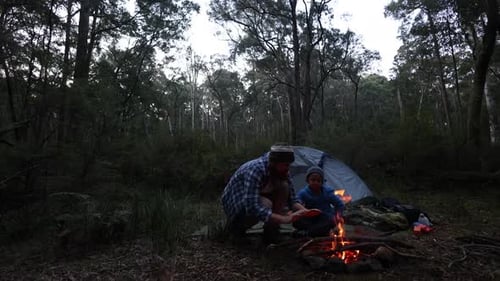 A man and his song huddle around a warm campfire in a wild location in a forest in Australia.