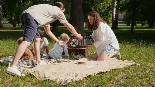 Boy Helping his Parents Set Up Picnic on Blanket in Park