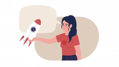 Flat Design Animated Woman with Rocket Idea Thought Bubble