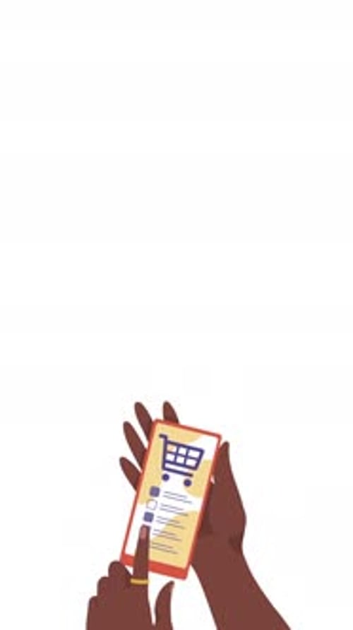Animated Hand Checking Shopping List on Smartphone E-commerce App