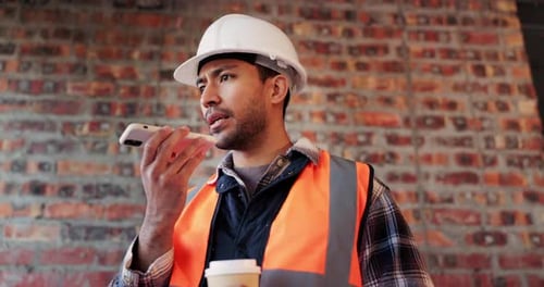 Phone, man and talking on speaker at construction site with app, internet or online dictation