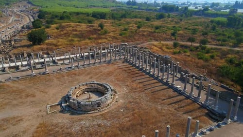 In This Captivating Aerial Stock Video the Remarkable Ruins of the Ancient City of Perge in