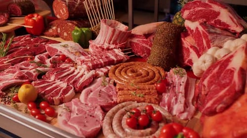 Display of Raw Meat and Sausages