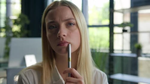 Puzzled Thoughtful Caucasian Woman Business Girl Student Thinking with Pen Search Inspiration No
