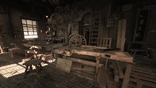 Old Carpentry Workshop Filled with Vintage Tools and Wooden Furnishings