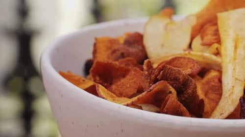 Bowl of Assorted Vegetable Chips: Sweet Potato and Parsnip