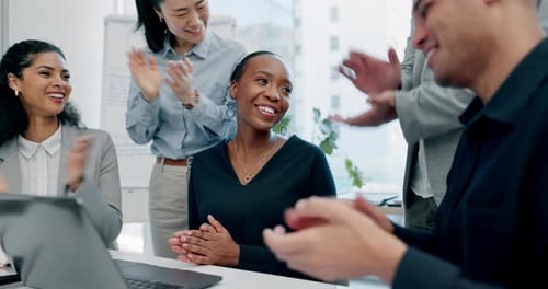 Collaboration, applause with business people for support with project, tech