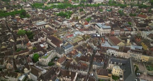 Establishing Shot of the French Center of the Medieval City of Auxerre Which is Separated By the