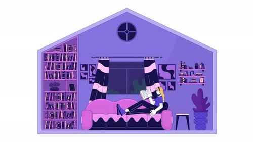 Flat Design Animation of Person Reading Book in Home