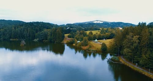 aerial view beautiful panorama of lake forest fields and mountains