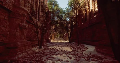 Ruines de pierre anciennes entourées d'arbres et de rochers épars à la lumière du jour
