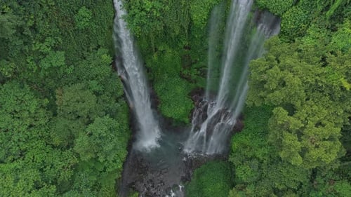 Sekumpul waterfall aerial top down view in bali