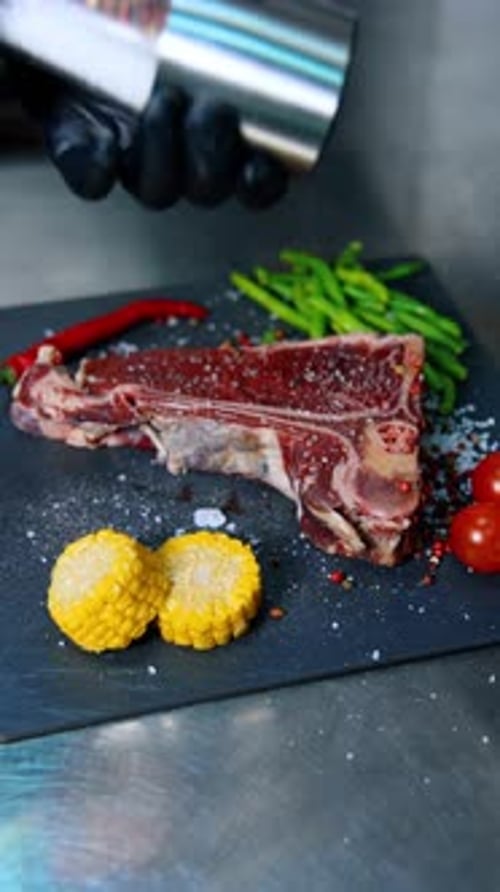 Raw Steak Seasoned for Grilling with Vegetables