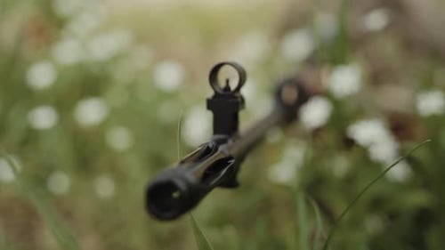 Die Schnauze des Maschinengewehrs ragt aus dem Gras