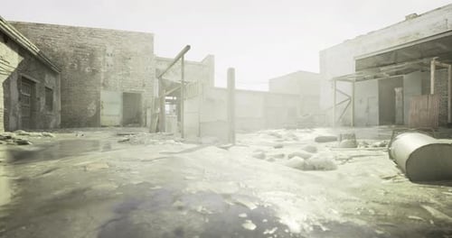 Urban Decay in a Deserted Area with Sunlit Fog and Scattered Debris