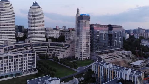Aerial view of sunset in downtown Dnipro City in Ukraine