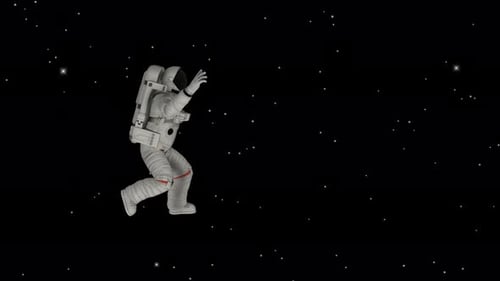 Happy astronaut running from left to right in outer space. Universe, Stars