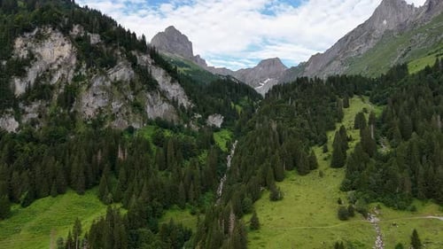 A lush green valley surrounded by rugged mountains and dense forests on a partly cloudy day