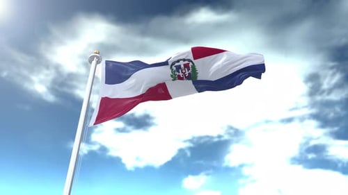 Dominican Republic Flag Waving with Cloudy Sky Background