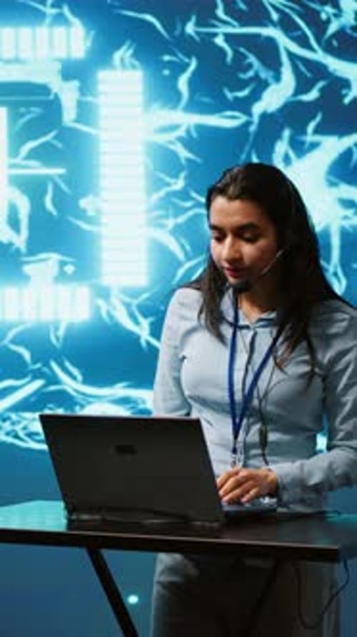 Vertical Video Technician in AI High Tech Workspace Managing Call Center Tasks