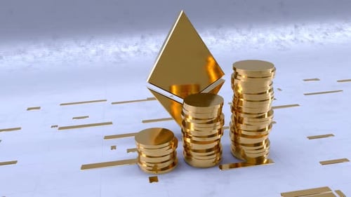 Ethereum-Währungssymbol mit Goldmünzenturm
