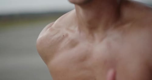 Sprinter is Actively Preparing to Run Fast All Muscles are As Tense As Possible Sweat Drops on the