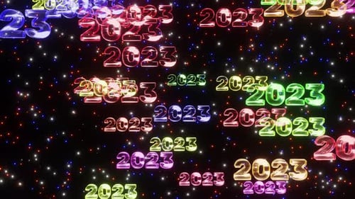 Colorful neon happy new year 2023 text fall down space with twinkling stars, looped 3d render