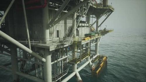 Abandoned Oil Platform in the Ocean Showcasing Structural Decay and Isolation
