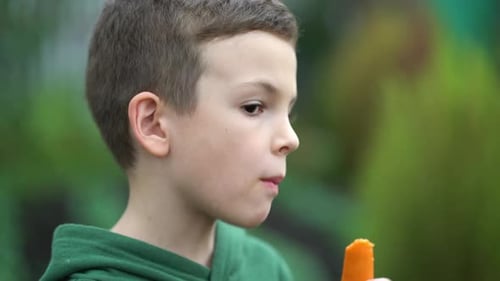 Side View Boy Eating Raw Carrots in the Backyard