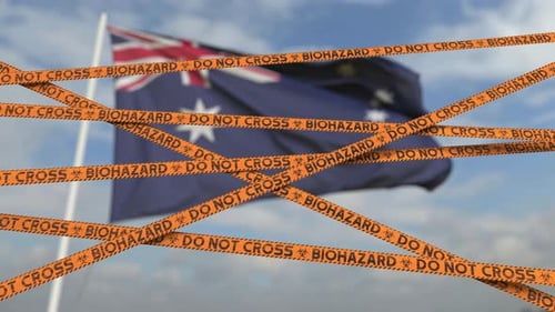 No cruce las líneas de cinta adhesiva sobre riesgos biológicos y la bandera australiana