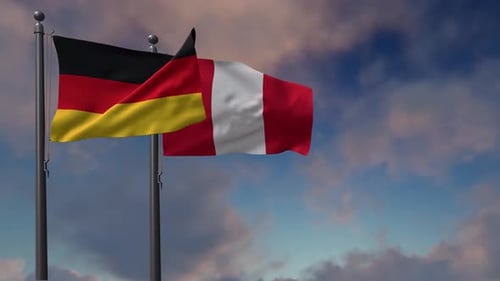 Germany and Peru National Flags Waving on Poles