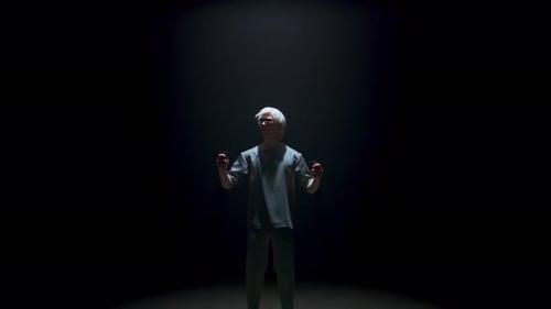 Guy Using Virtual Reality Controllers Headset in Dark Room. Futuristic Man Play