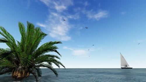 White sail boat cruising through blue sea with bright sunshine on surface