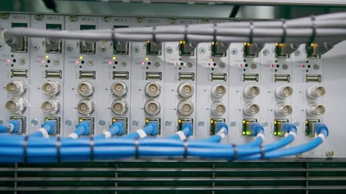 close-up of a pile of network patch cables in a server room in a data center room Data transmission