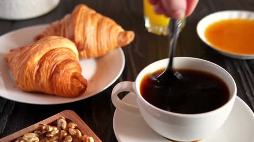 Breakfast Still Life with Coffee and Croissants