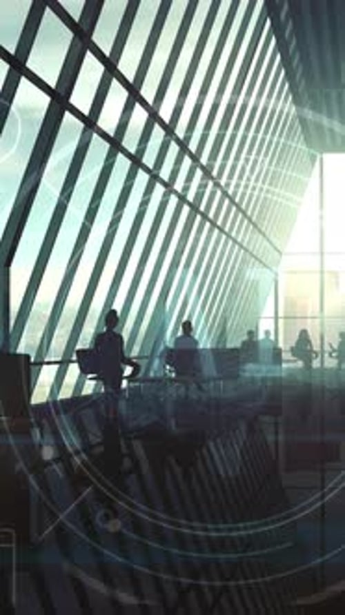 Infographic Projections on the Background of the Office 3D Render