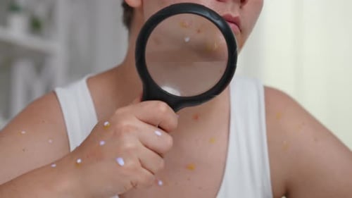 Unrecognizable Woman Showing Monkeypox Rash with Magnifier in Slow Motion