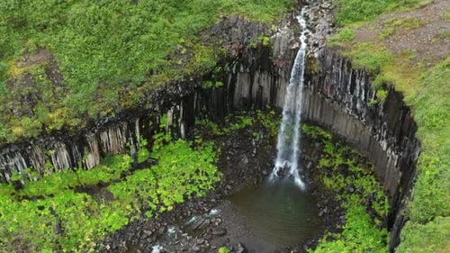 Aerial View Of Svartifoss Waterfall In South-Iceland, situated in Skaftafell, Vatnajökull National P