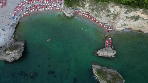 Beautiful beach on the island. Montenegro. Aerial view.