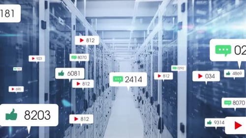 Animation of social media icons and numbers on banners over computer servers