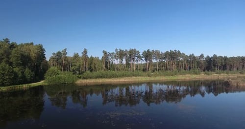 Drone shot of lake in the middle of a forest with an island and reflections on the water surface on