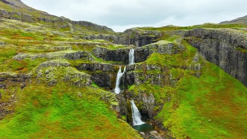 Spectacular Waterfalls in Mountains Beautiful Aerial View From Iceland in Summer Season Icelandic