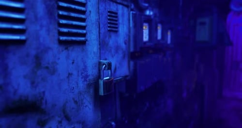 Grungy Industrial Lockers Background with Security Padlock Animation