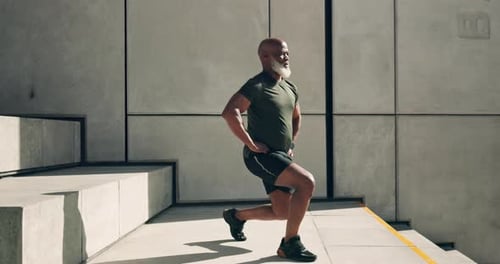 Black man on city stairs for exercise, warm up and muscle workout for morning body training