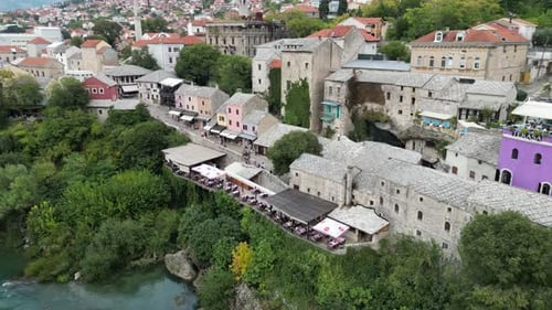 Mostar old townBosnia and Herzegovina rising drone aerial view