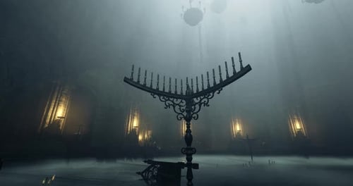 Eerie Atmosphere with Intricate Candelabrum and Dimly Lit Room