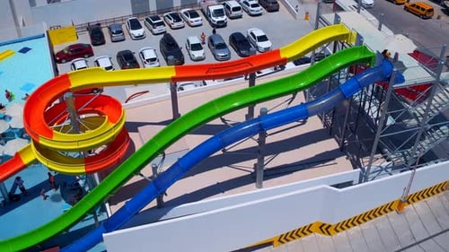 Aerial View of Colorful Water Park Slides