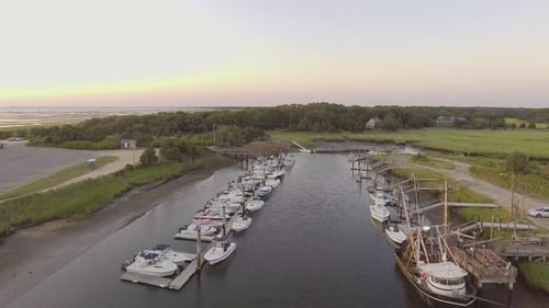 Drone view of boats at Rock Harbor in Cape Cod Massachusetts.